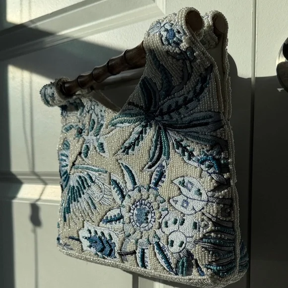 TJ Maxx / Marshall’s Floral Embroidered Beaded Bag with Bamboo Handle - Picture 2 of 6